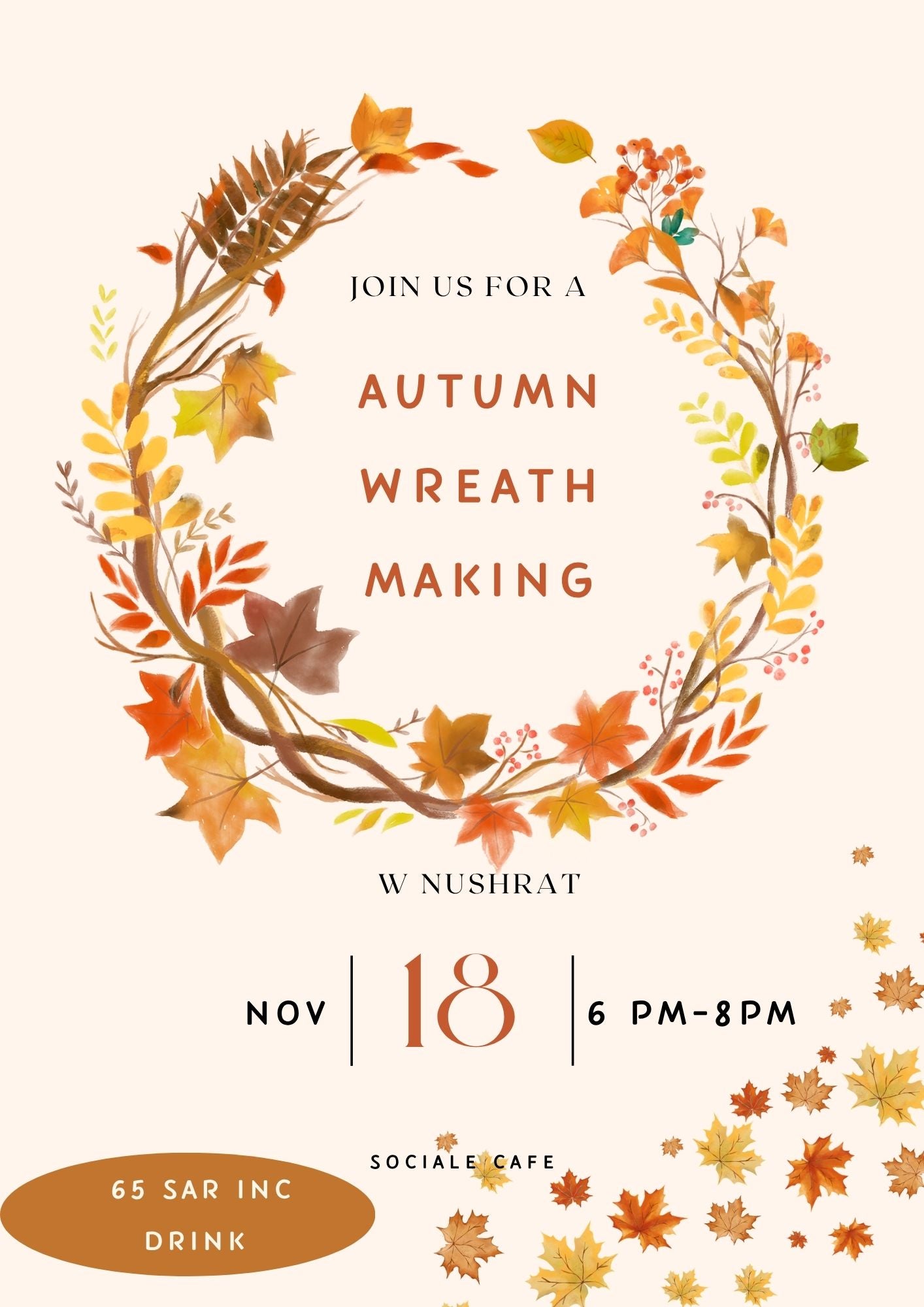 Autumn Wreath Making Workshop, Tue 18th Nov, 6 pm to 8 pm, 65 sar, incl 1 drink